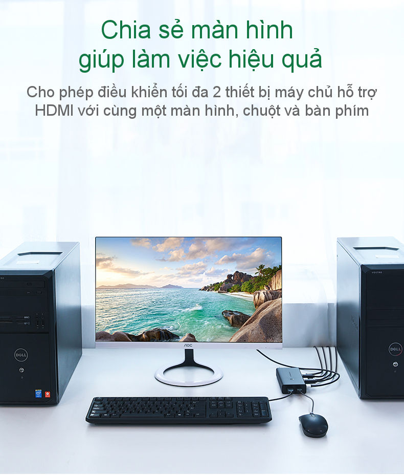 Bộ gộp HDMI KVM 2 máy tính dùng chung 1 màn hình, sử dụng chung chuột và bàn phím UGREEN CM200 50744 Bộ gộp HDMI KVM 2 máy tính dùng chung 1 màn hình, sử dụng chung chuột và bàn phím UGREEN CM200 50744