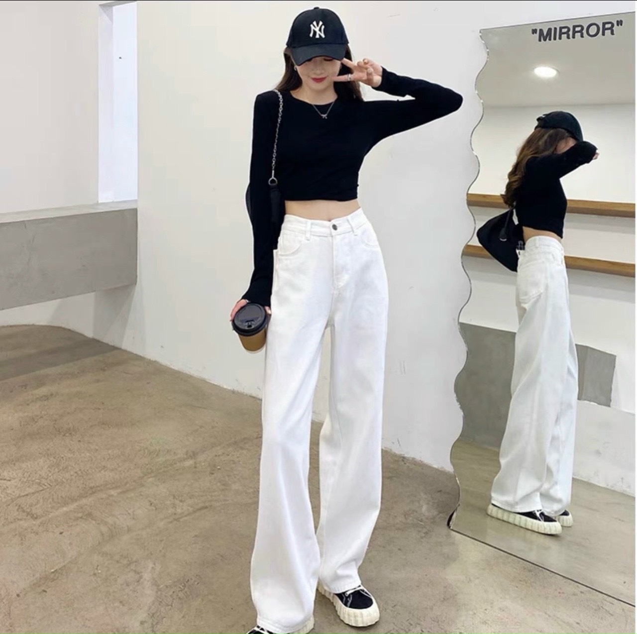 [HCM]Quần Baggy Jean Ống Rộng Nữ 2 Màu Đen Trắng Lưng Siêu cao-JT