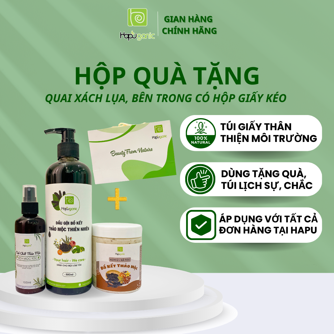 Combo Qùa Tặng Mềm Mượt, Dầu Gội Thảo Mộc 500ml, Ủ Tóc Bồ Kết Tơ Tằm HaPu Organic 200g và Tinh Chất Kích Mọc Tóc, Bộ Sản Phẩm Chăm Sóc Tóc
