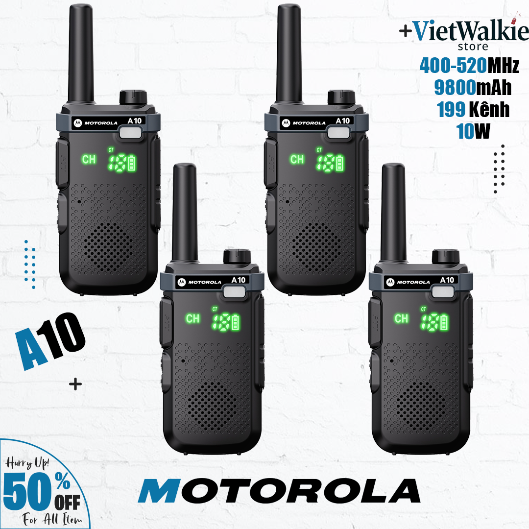 Bộ 4 Máy Bộ đàm Motorola A10 Bộ đàm UHF 400-520MHz 10W Mini Walkie Talkie 199 Channel 9800Mah Khoảng cách giao tiếp 10km