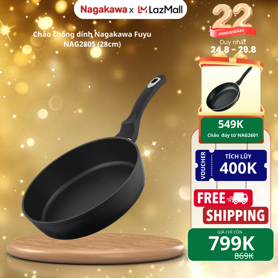 Chảo chống dính Nagakawa Fuyu NAG2805, size 28cm, kết cấu nguyên khối, gia nhiệt nhanh và đều, sử dụng được trên mọi loại bếp, an toàn với máy rửa bát