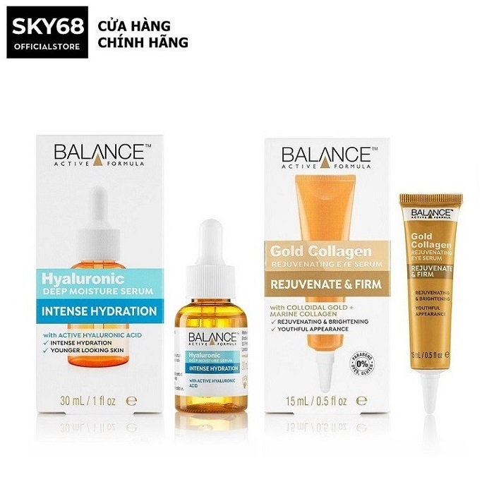 Combo Serum cấp nước Balance Hyaluronic Deep Moisture và Tinh chất dưỡng mắt Balance active formula gold collagen