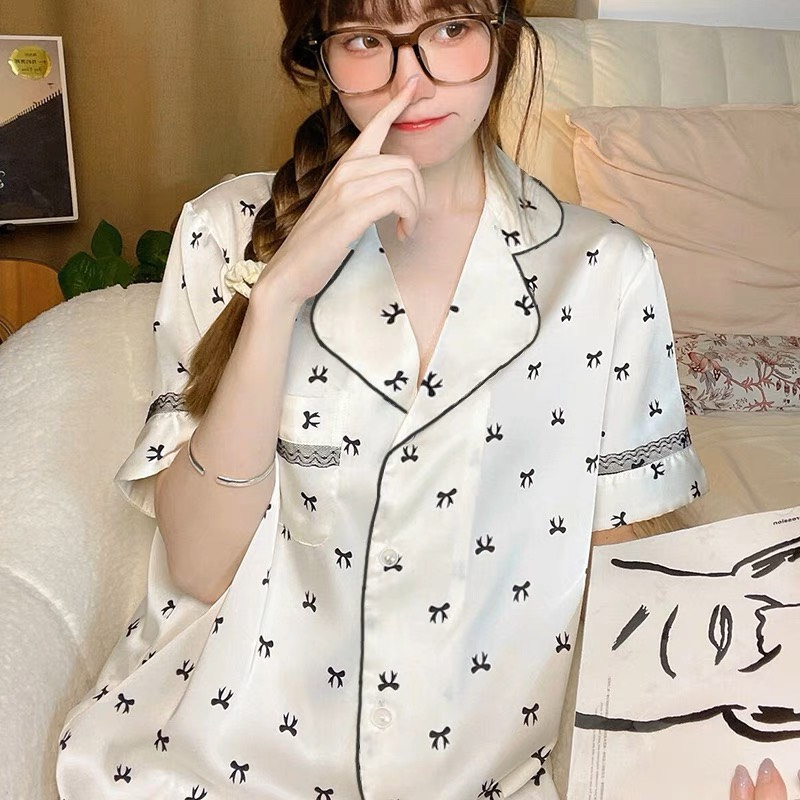 Bộ lụa cộc tay nữ, pyjama họa tiết nơ, bộ đồ ngủ dễ thương mùa hè
