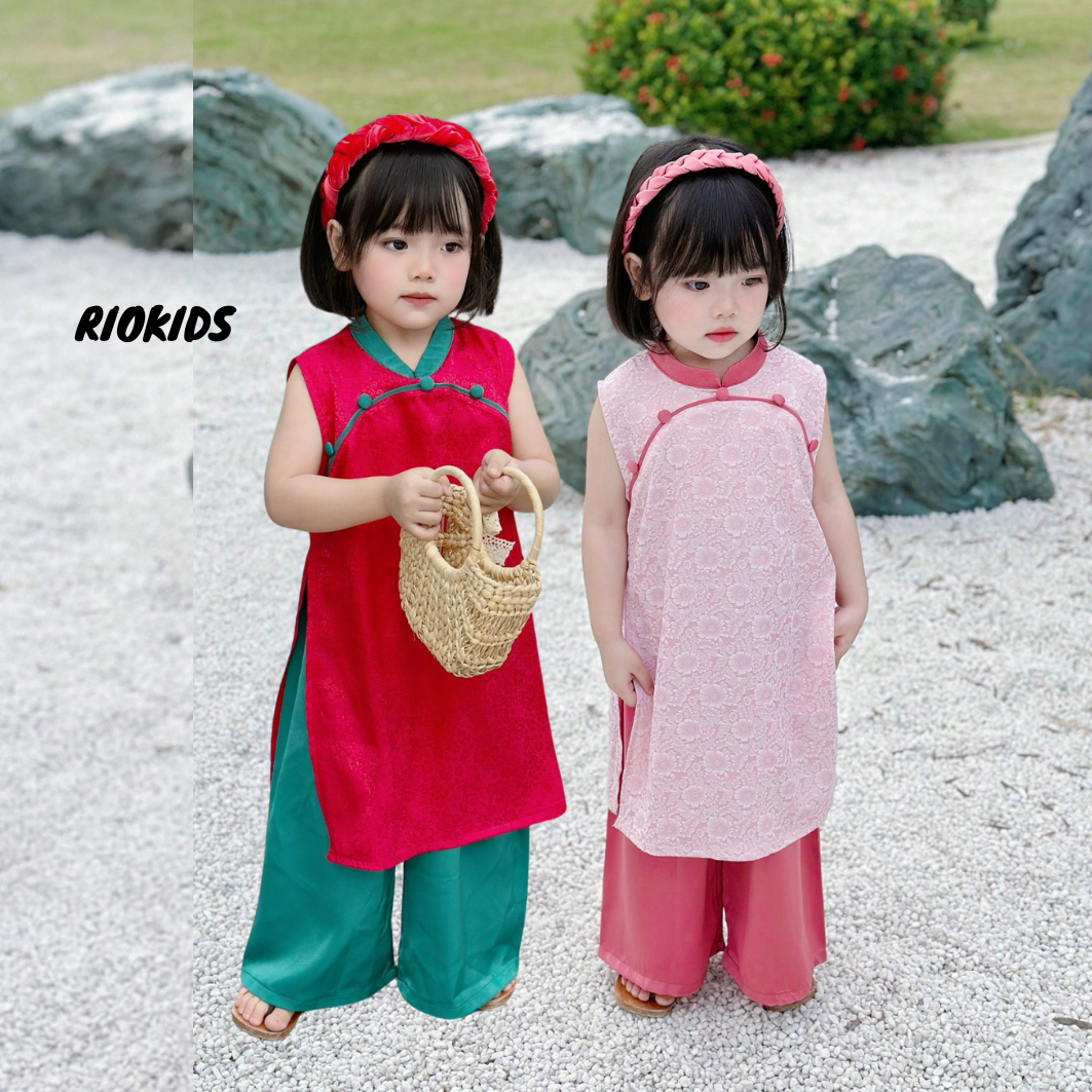 AD20 Áo dài cách tân Tết sát nách RIOKIDS cao cấp cho bé gái mặc đi chơi, đi chùa, chụp hình