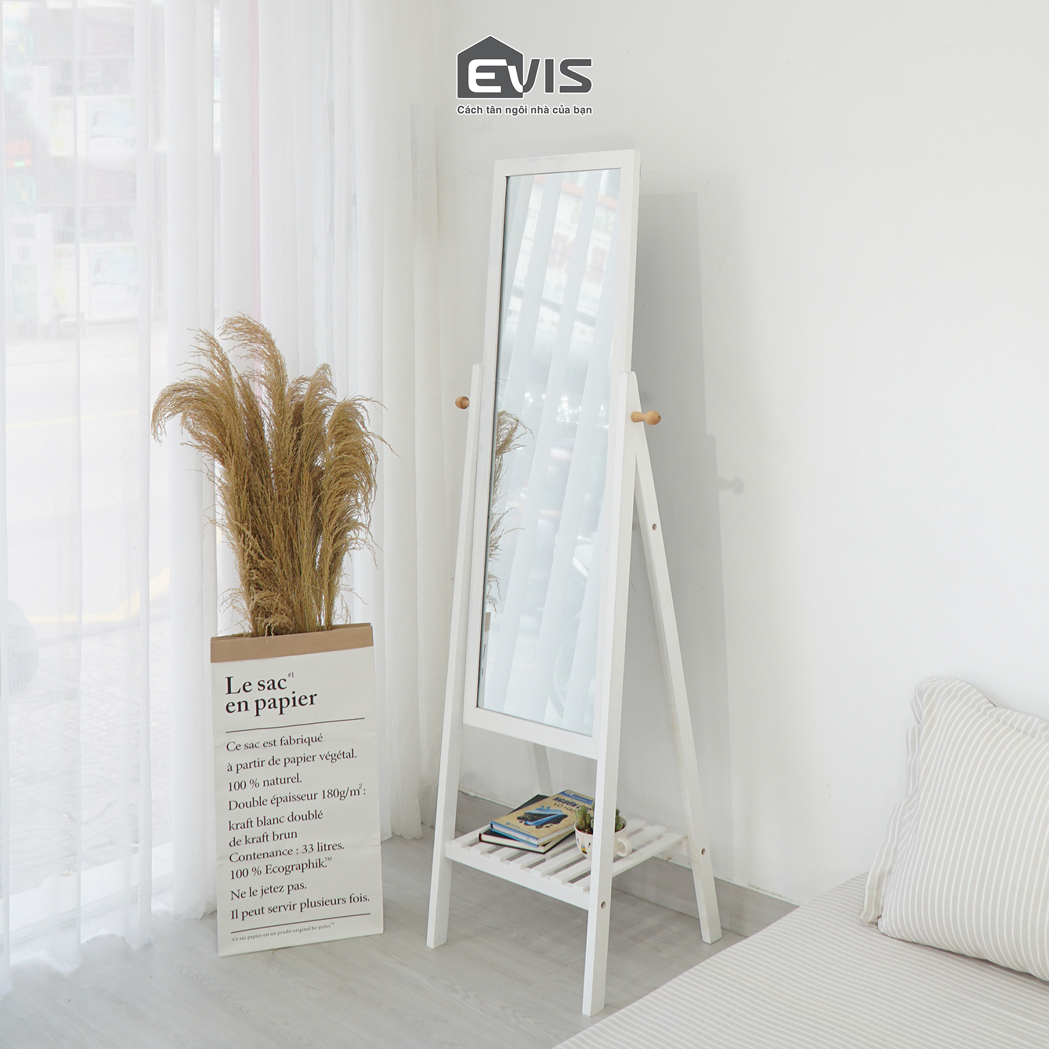 Gương soi toàn thân chân đứng evis home - gương soi toàn thân chân đứng 1 tầng khung gỗ - di chuyển dễ dàng - thiết kế nội thất - màu trắng