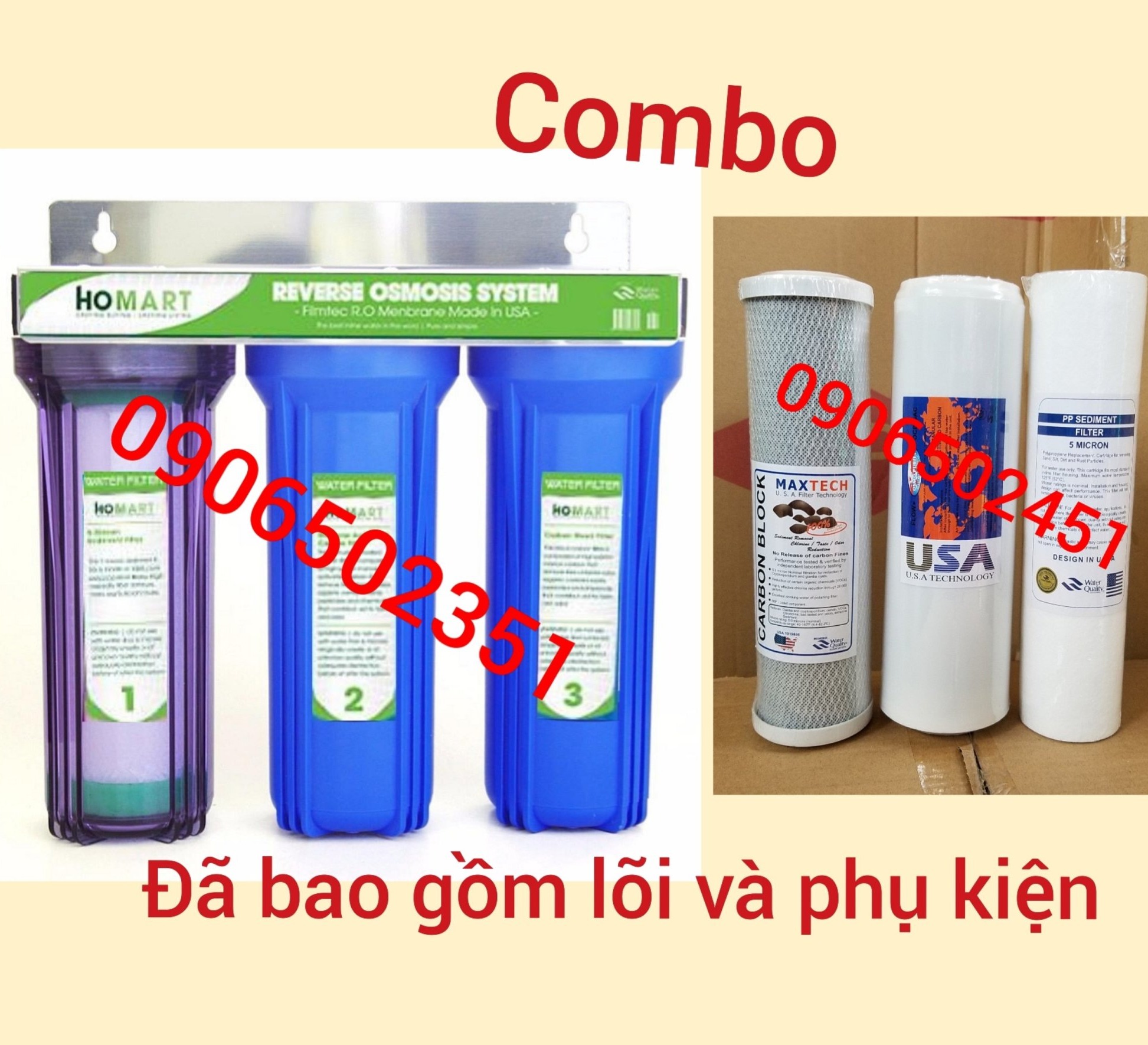 COMBO Bộ lọc nước sinh hoạt 3 cấp ly 10 inch chuẩn + BỘ 3 LÕI LỌC SỐ 123 10INCH