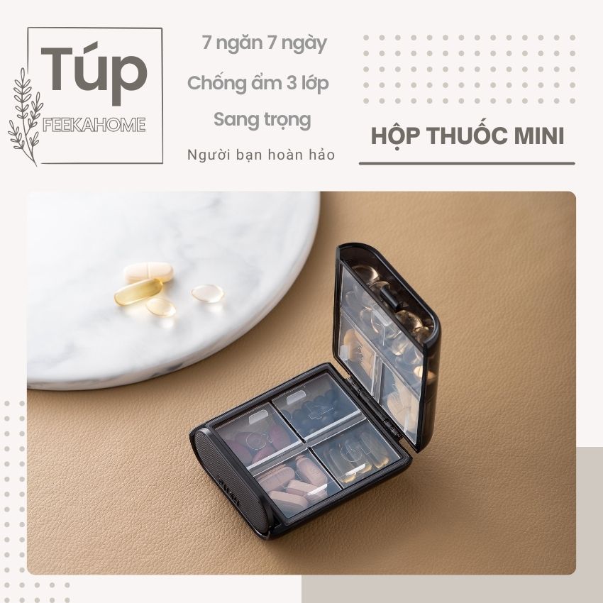 Hộp chia thuốc 7 ngày 7 ngăn FEEKA chống ẩm 3 lớp, hộp đựng thuốc mini bỏ túi cao cấp siêu sang - đẹp