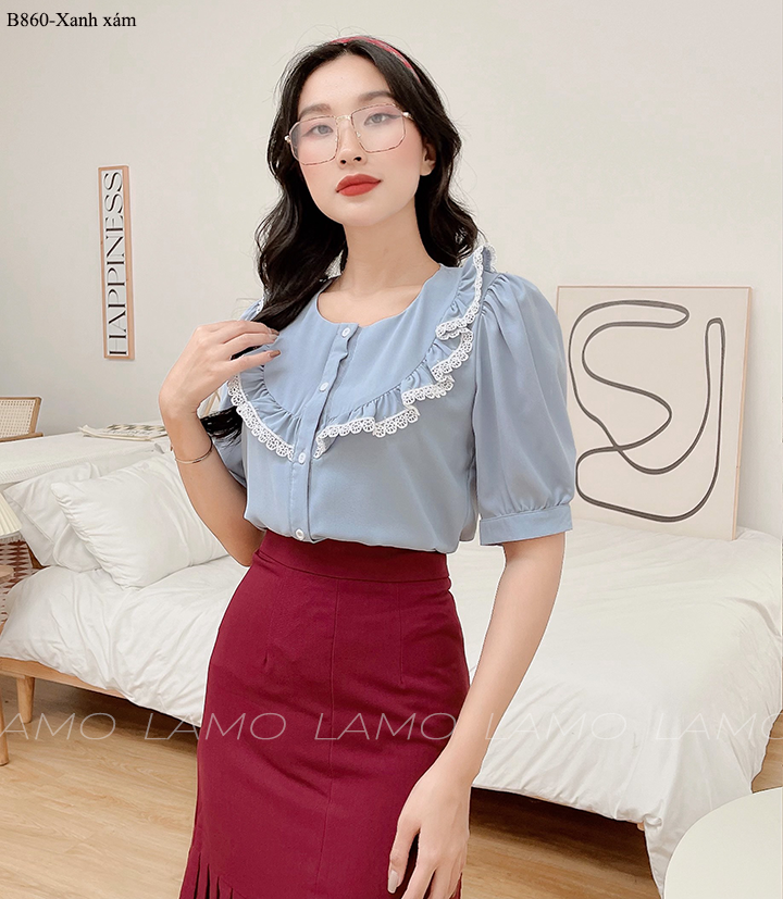 Áo sơ mi công sở nữ áo kiểu bèo phối ren-b860