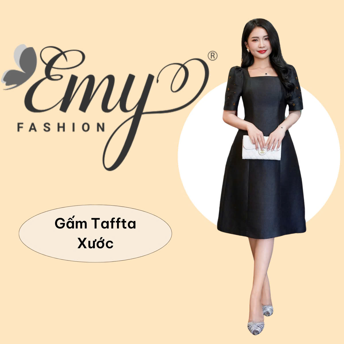  Đầm Thiết Kế EMY Thời Trang Cao Cấp Trung Niên EM7620 Vải Gấp Tafta Xước Nền Đen Chảnh Đi Tiệc 