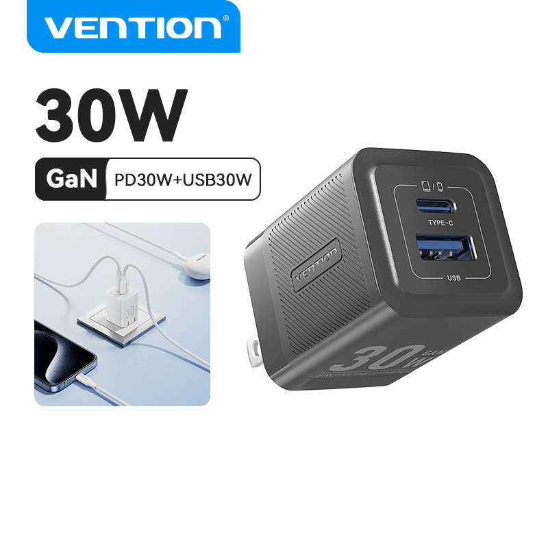 Vention 30W GaN PD 2Port Fast Charger Charger Fast Charging for iPhone 15 14 13 Pro max SAMSUNG S23 S22 iPad Foldable Wall Charger Original