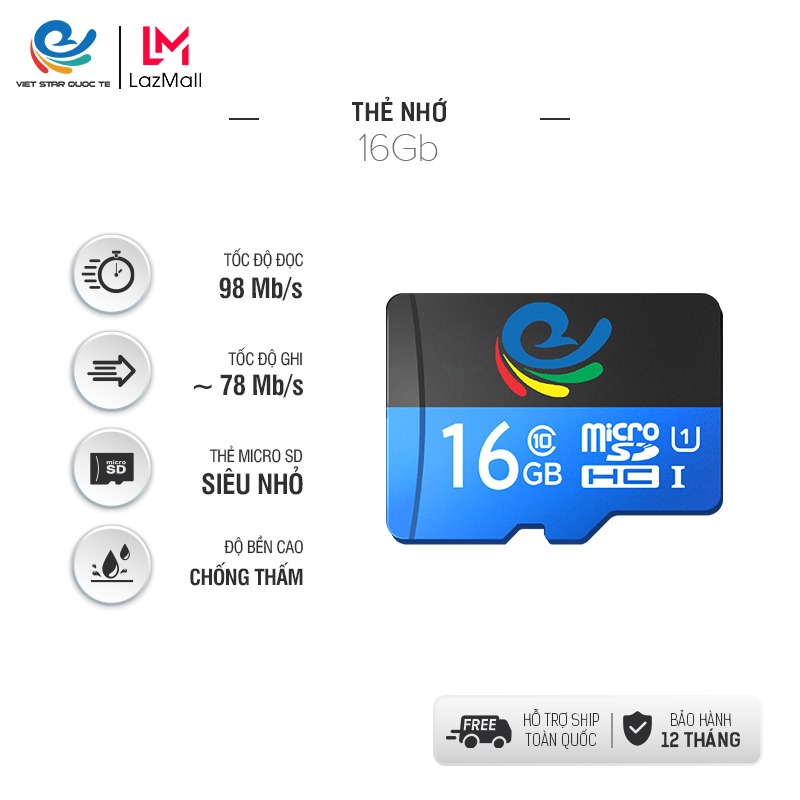 [99 điểm] Thẻ nhớ 16GB, Thẻ nhớ lưu trữ 16G Micro SD chuyên dành cho camera wifi, Class 10 Type U1, đổi mới trong vòng 7 ngày, bảo hành 1 năm.