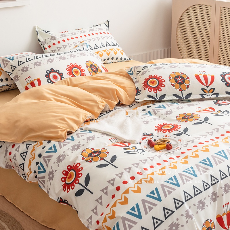 Bộ chăn ga gối poly cotton hoạ tiết thổ cẩm cực hot drap giường