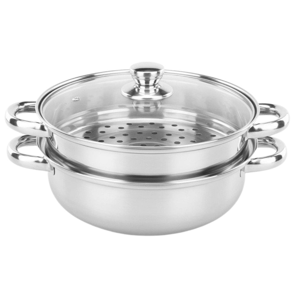 Nồi hấp 2 tầng Inox 304 cao cấp, Xửng hấp 28 cm nắp vung kính dễ quan sát phù hợp hấp bánh bao hai sản giảm thời gian nấu ăn