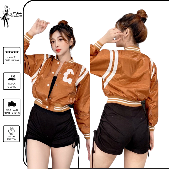 Áo khoác bomber nữ lửng phi xà cừ phối hoạ tiết chữ xinh