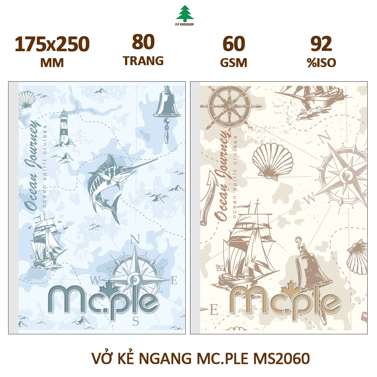 [MC.PLE] Combo 5 quyển vở Kẻ ngang B5 Mc.ple 80/120 trang OCEAN JOURNEY, định lượng 60gsm, độ trắng 