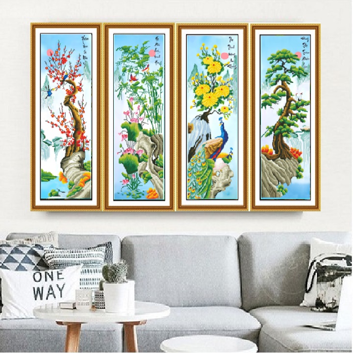 Tranh Thêu Chữ Thập Tứ Quý Tùng Cúc Trúc Cúc Mai, Kích Thước 136x90cm (Tặng Bộ Phụ Kiện Tranh Thêu Chữ Thập)