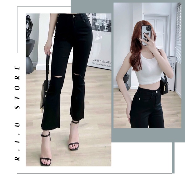 Quần jean ống loe 9 tấc quần ống bass lỡ màu đen vải đẹp rách gối Riustore