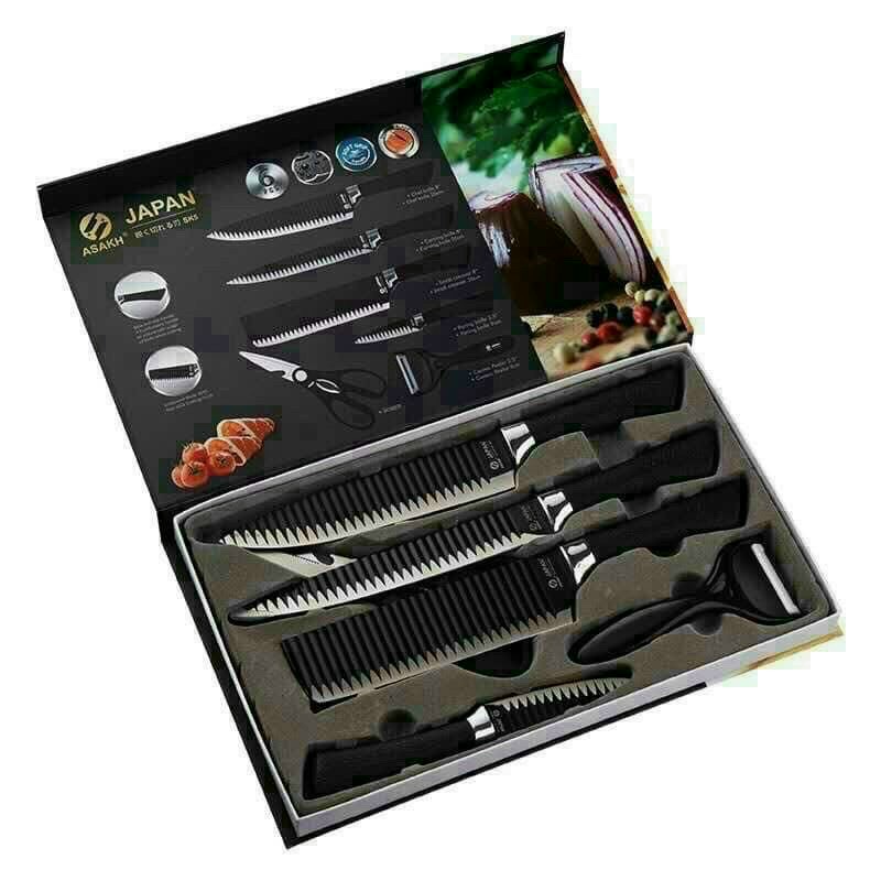 Bộ dao nhật asakh 6 món hình gợn sóng cao cấp - full box, chất liệu chống dính, chống gỉ- hàng siêu xịn xò