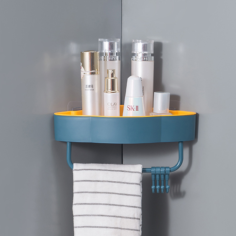 Kệ nhựa dán góc tường tam giác có móc máng khăn bông tắm - Bộ kệ để xà phòng dầu gội - Khay treo tường bàn chải kem đánh răng - Kệ phòng tắm