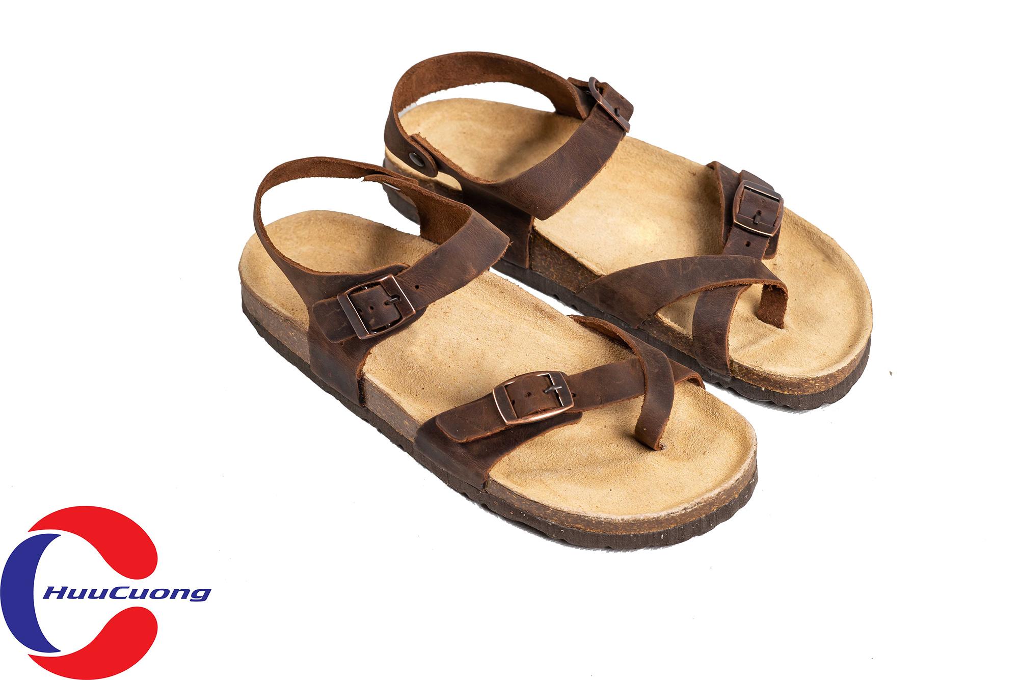 Giày sandal xỏ ngón da bò nâu nam nữ đế trấu