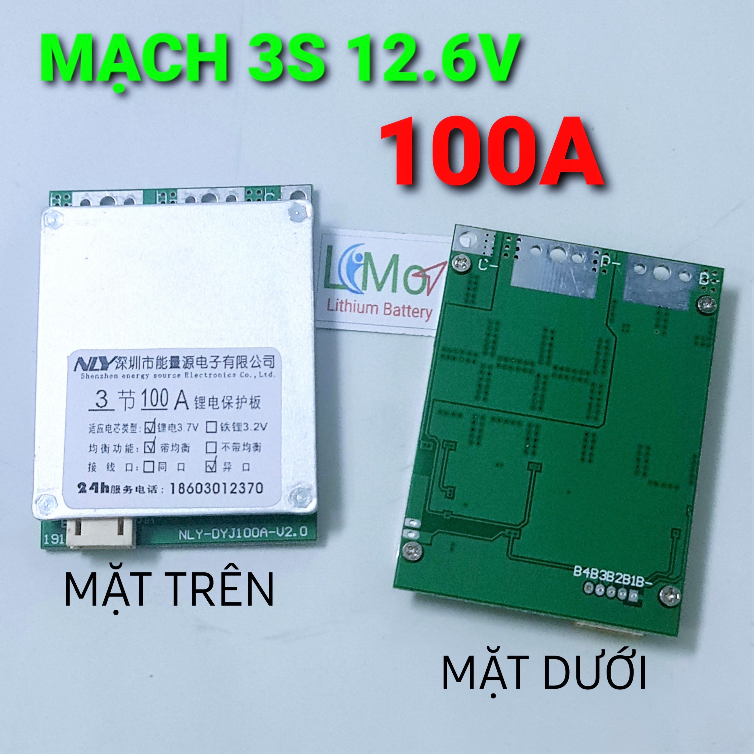 Mạch 3S 100A. Mạch bảo vệ sạc xả 3S 12.6V 100A Cân bằng pin. 10 Fet xả, giải nhiệt nhôm công suất lớn. Chuyên dùng đóng khối pin 12V công suất lớn - LIMO