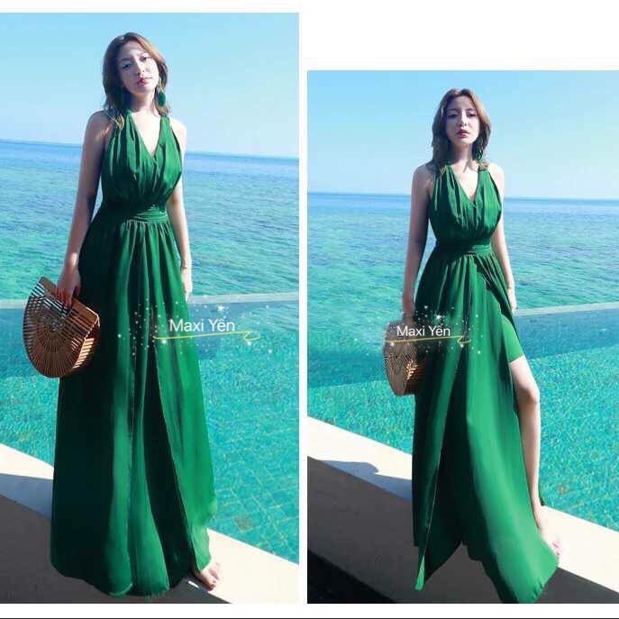 Đầm Maxi voan xanh xẻ đùi hở lưng/ đan dây chéo to bản hàng thiết kế