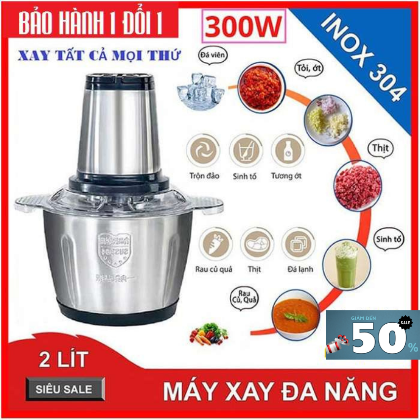 Máy xay thịt đa năng cối xay thịt inox 304, máy xay đa năng dung tích 2l, 4 lưỡi dao bằng thép