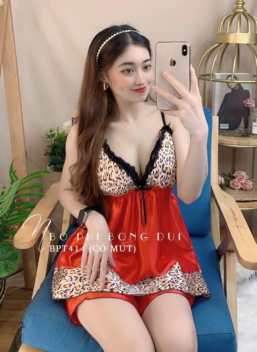 Đồ ngủ nữ có mút ngực hoa tiết da beo Freesize dưới 58kg