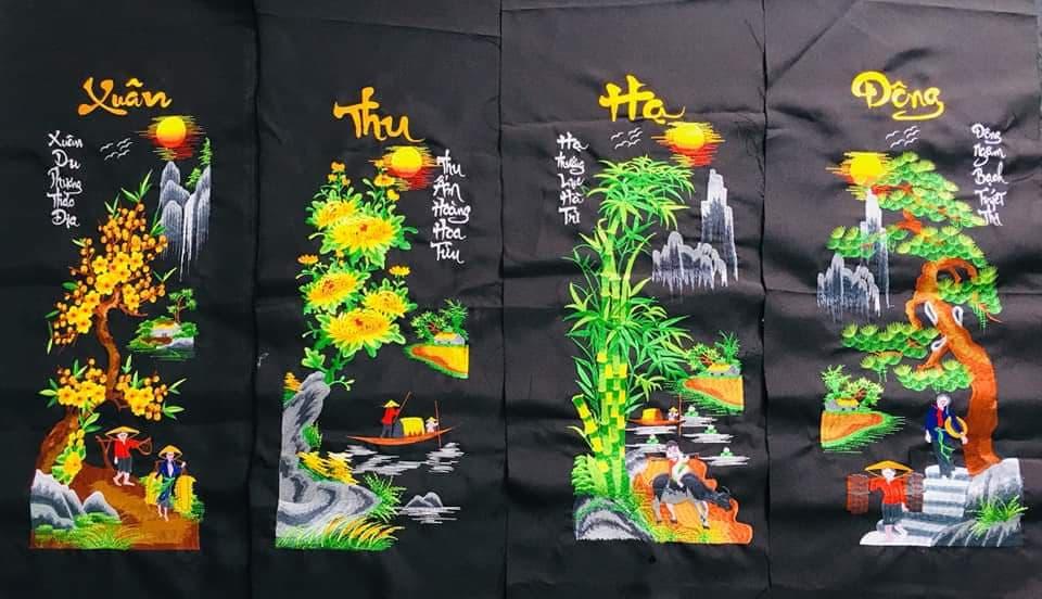 [HCM]tranh thêu vi tính thành phẩm tứ quý người nền đen chưa khung