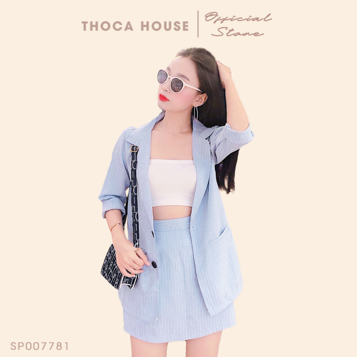 Set vest nữ - Áo blazer sọc xanh biển phối chân váy lưng thun THOCA HOUSE 2 túi mổ đi làm, đi học freesize dưới 56kg