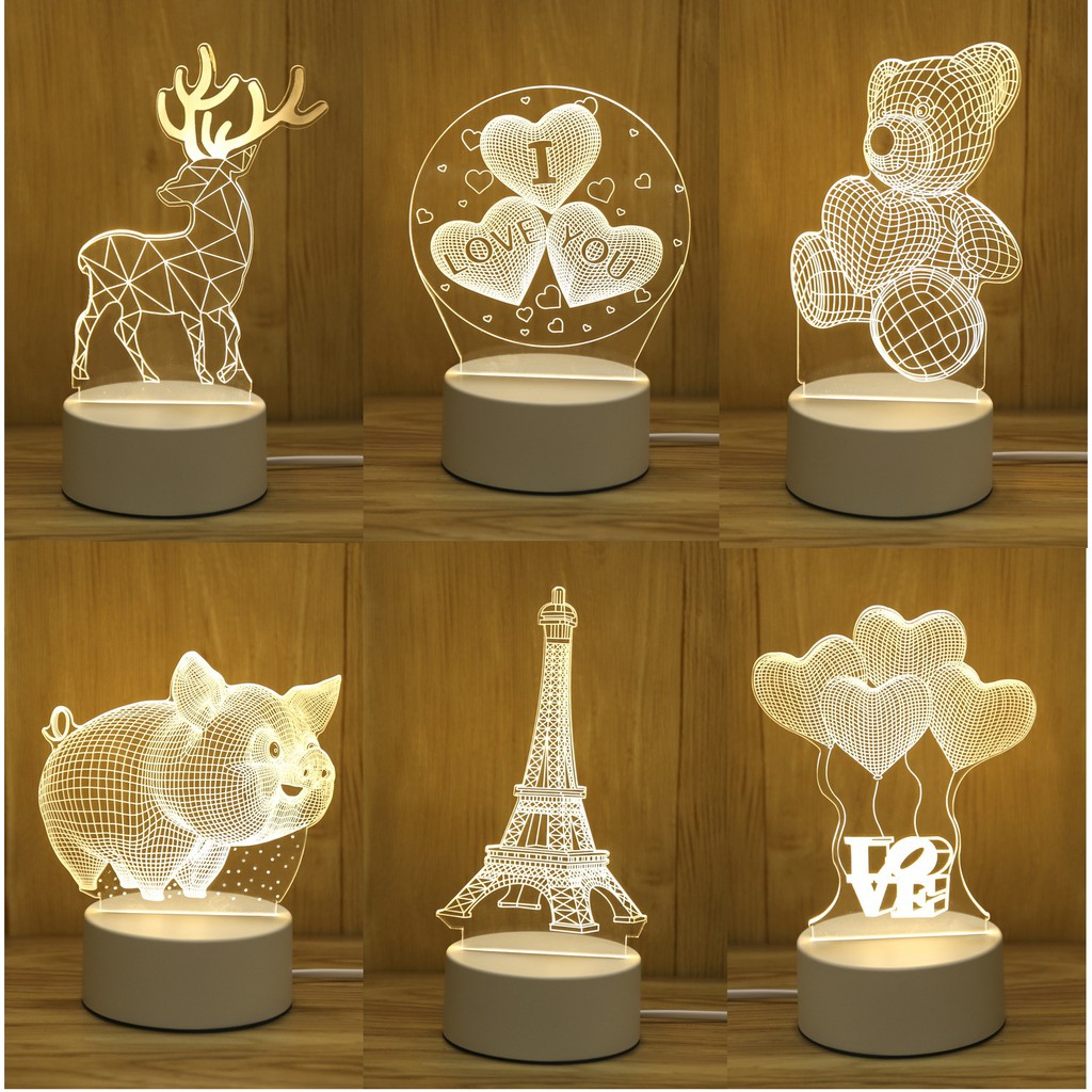 [HCM]Đèn ngủ LED 3D - trang trí bàn - quà tặng độc đáo. Màu sắc ánh sáng có 3 màu: trắng vàng vàng nhạt. Thay đổi màu sắc bằng cách tắt bật lại đèn.