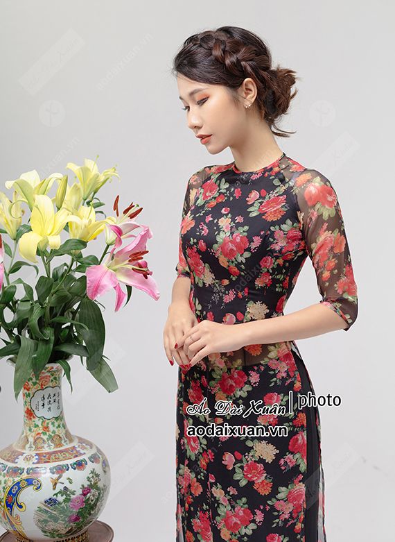Áo dài ngắn cách tân voan tơ hoa nhí - 200108