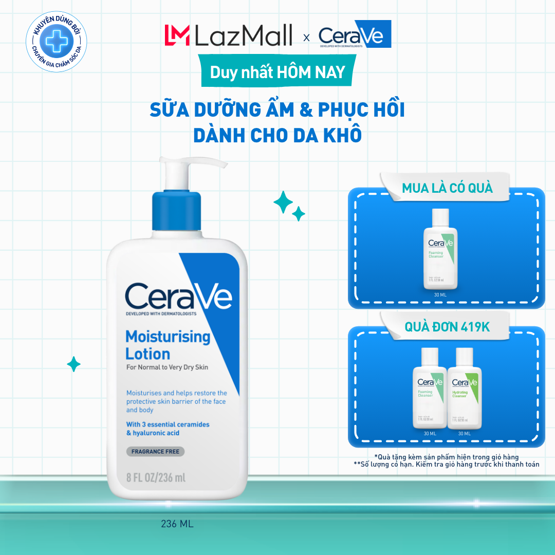 Sữa dưỡng ẩm phục hồi chuyên sâu và giữ da ẩm mịn suốt 48H, duy trì hàng rào bảo vệ da CERAVE MOISTURISING LOTION 236ML
