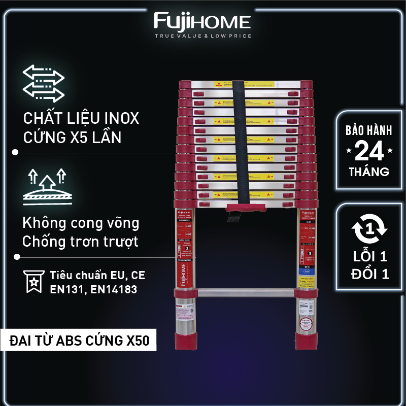 Thang inox rút đơn gấp gọn Nhập Khẩu 38M - 55M chính hãng FUJIHOME thang rút xếp gọn gia đình đa năng