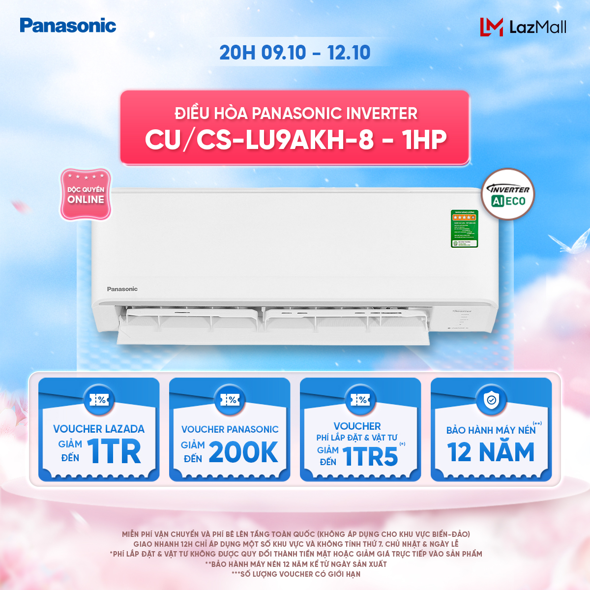 Máy lạnh/ Điều hòa Panasonic Inverter CU/CS-LU9AKH-8 - 1HP - Một chiều - Eco AI - Lọc sạch không khí NanoeX - Wifi