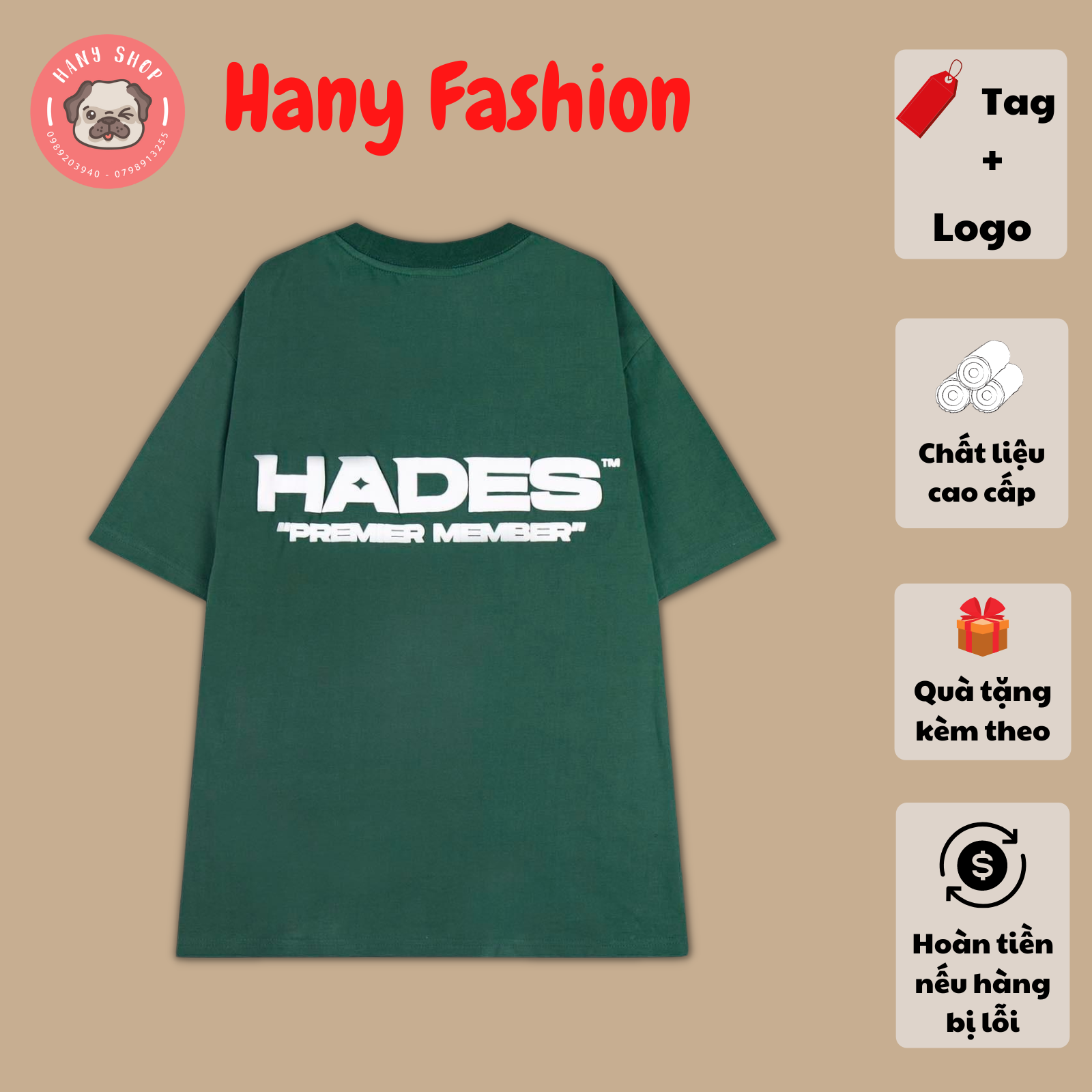 Áo thun Hades Premier Tee màu xanh lá nam nữ form rộng tay lỡ full tag Hany Fashion AL204