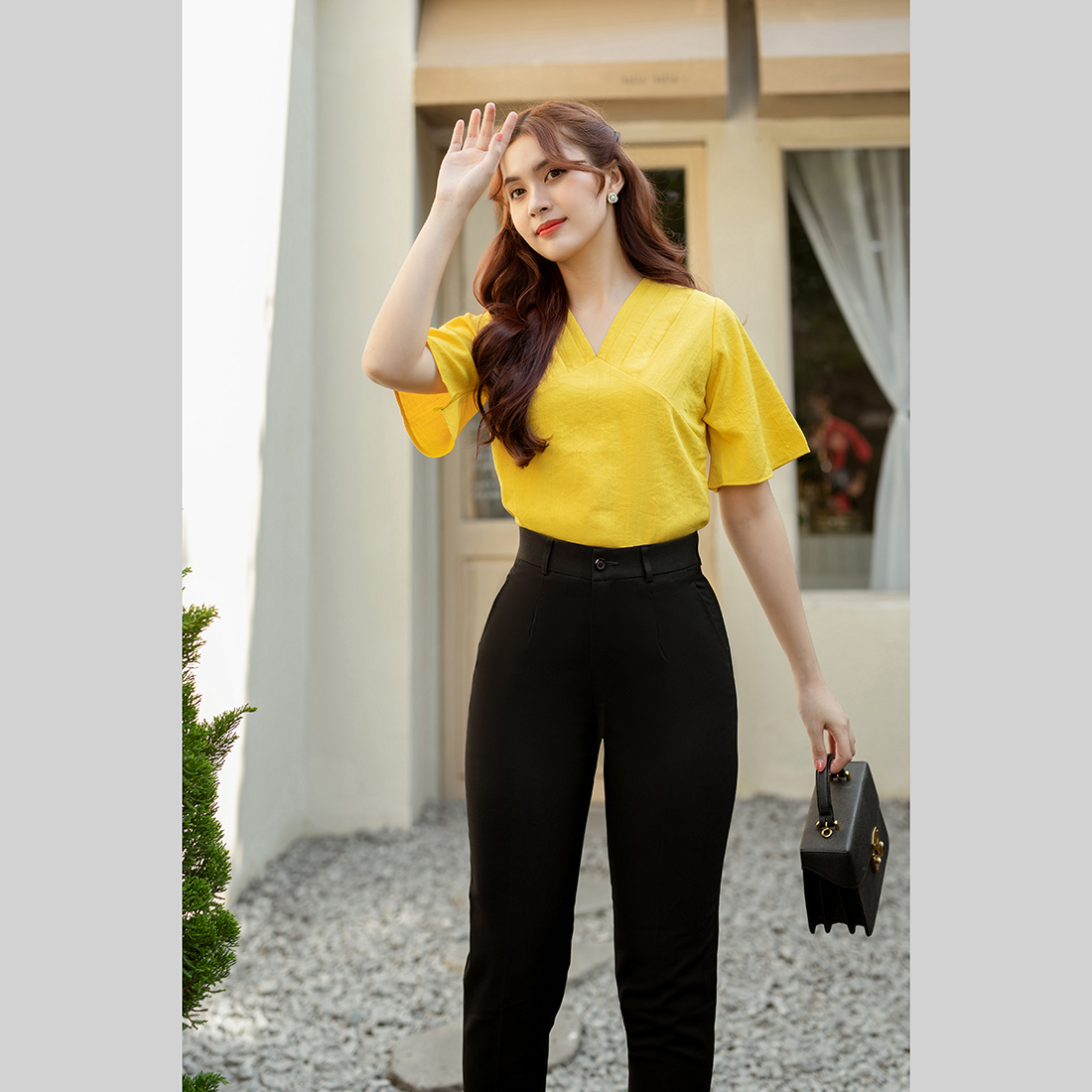 Áo kiểu công sở nữ cổ v xếp li tay loe - eden fashion store - asm198