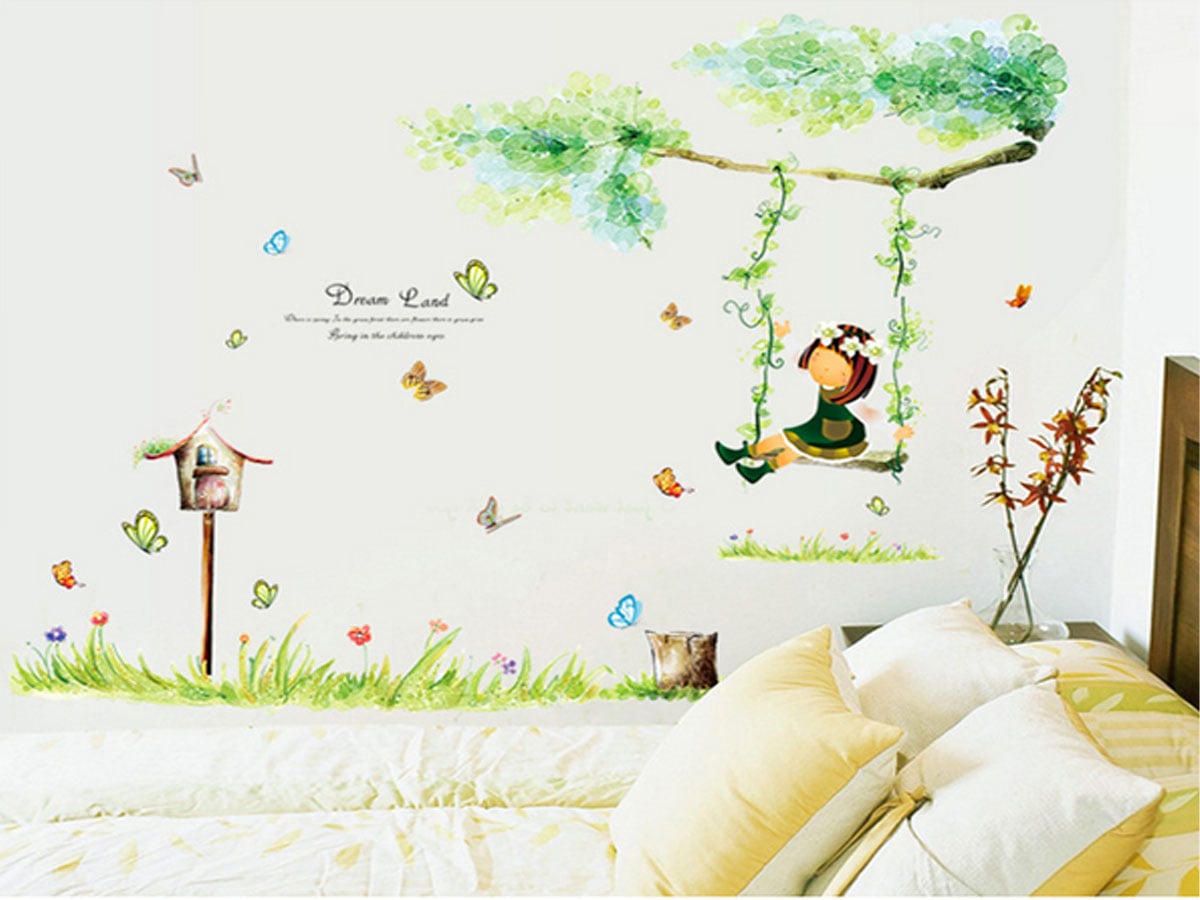 Decal dán tường Xích đu xanh - tranh dán tường giấy dán tường trang trí cô bé và xích đu xanh cho bé