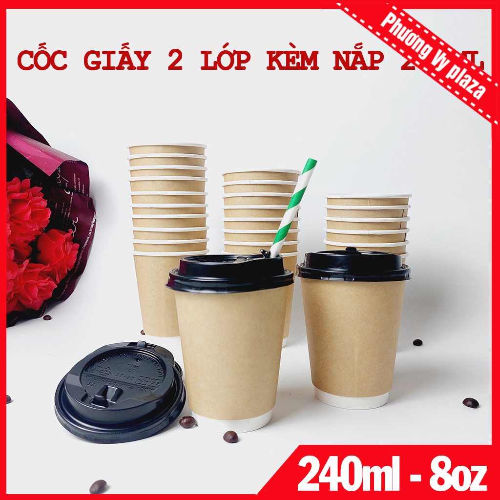 50 cốc giấy kraft 2 lớp 240ml - 8oz ly giấy cao cấp nhập khẩu hàn quốc