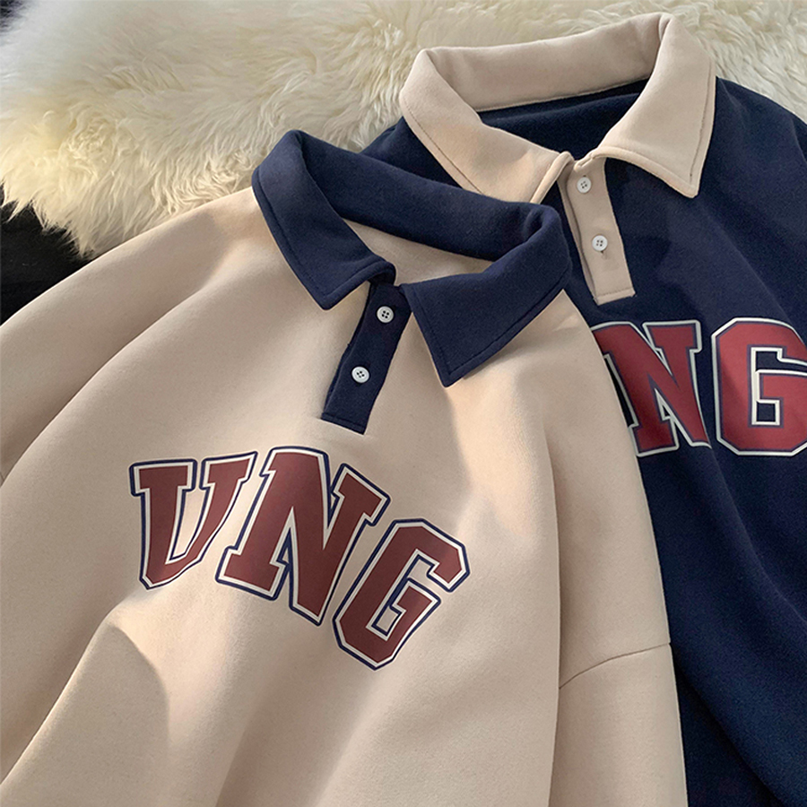 Áo sweater unisex tay dài u-n-g form rộng vải nỉ bông cổ polo phong cách ulzzang