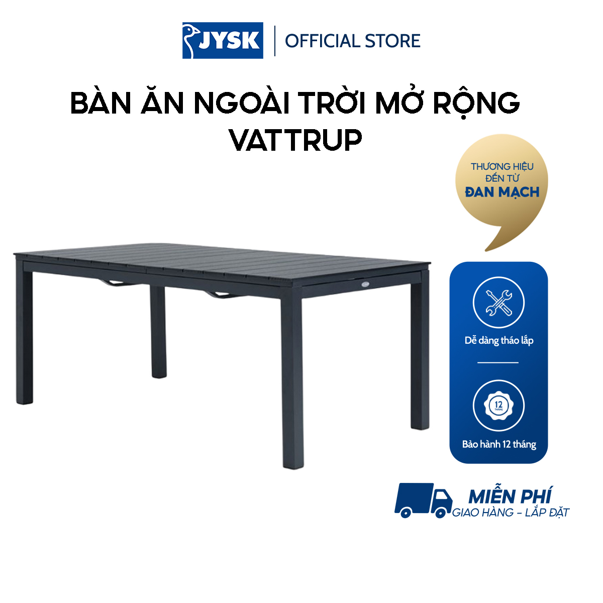 Bàn ăn ngoài trời mở rộng | VATTRUP | nhôm/nhựa PS | đen | R95xD172/276xC76cm