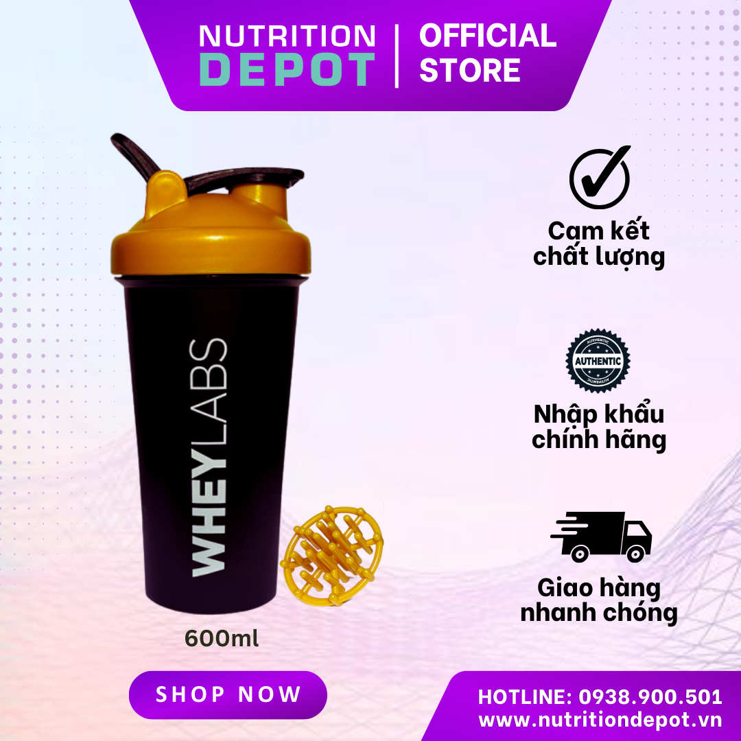Bình lắc Shaker Wheylabs 600ML – phiên bản Golden Yellow phù hợp với Gymer, hòa tan dễ dàng - Nutrition Depot Vietnam