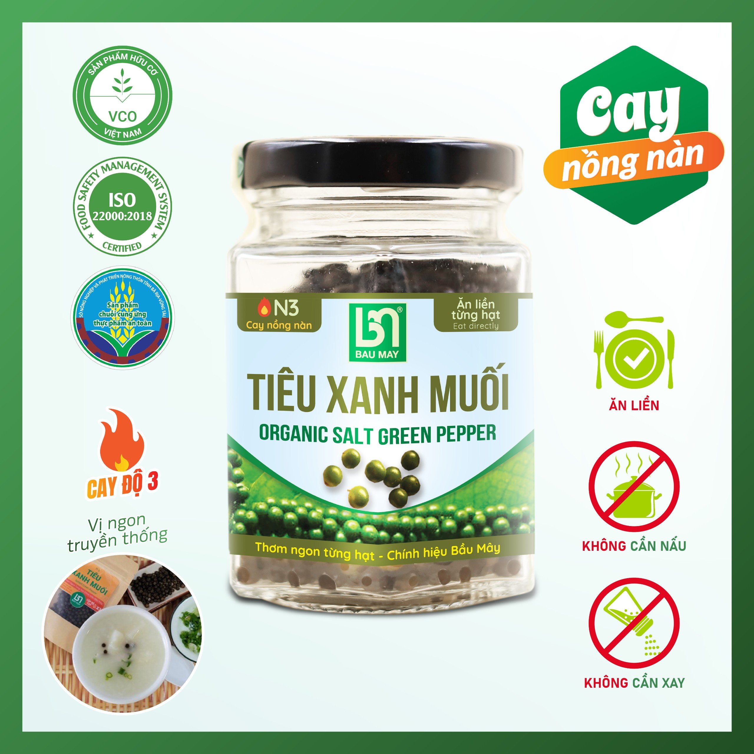 Tiêu xanh muối hữu cơ Bầu Mây - Hàng xuất khẩu, tăng cường miễn dịch hệ tiêu hoá, thải độc cơ thể từ bên trong, cải thiện hệ tiêu hoá, tác dụng giảm cân, tác dụng kháng khuẩn