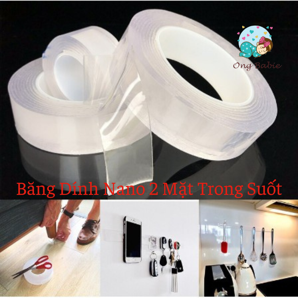 Băng dính 2 mặt nano trong suốt đa năng siêu dính, cuộn băng keo siêu bám 2 mặt