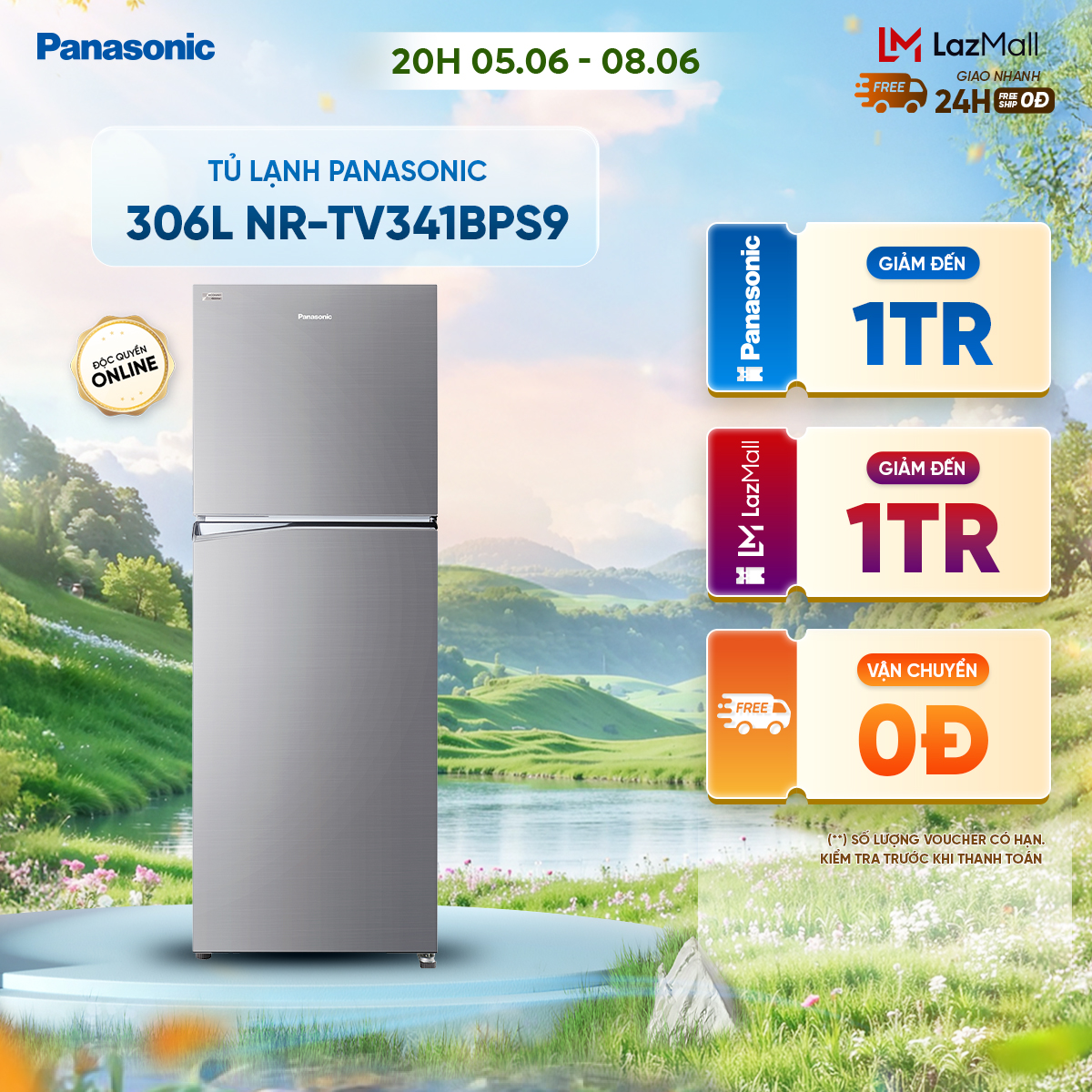 [Trả góp 0%] Tủ lạnh Panasonic 2 cánh ngăn đá trên NR-TV341BPS9 - Dung tích 306L - Bảo hành 2 Năm