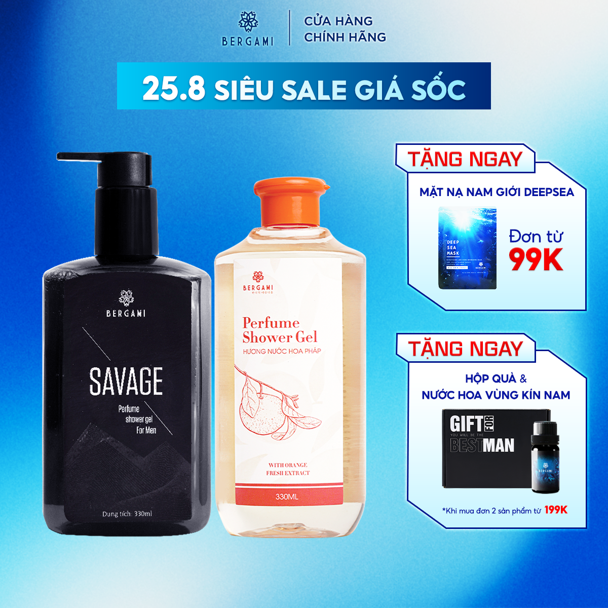 Combo sữa tắm nước hoa nam bergami 330ml/chai và sữa tắm nữ vitamin c, lưu hương 6h 330ml/chai