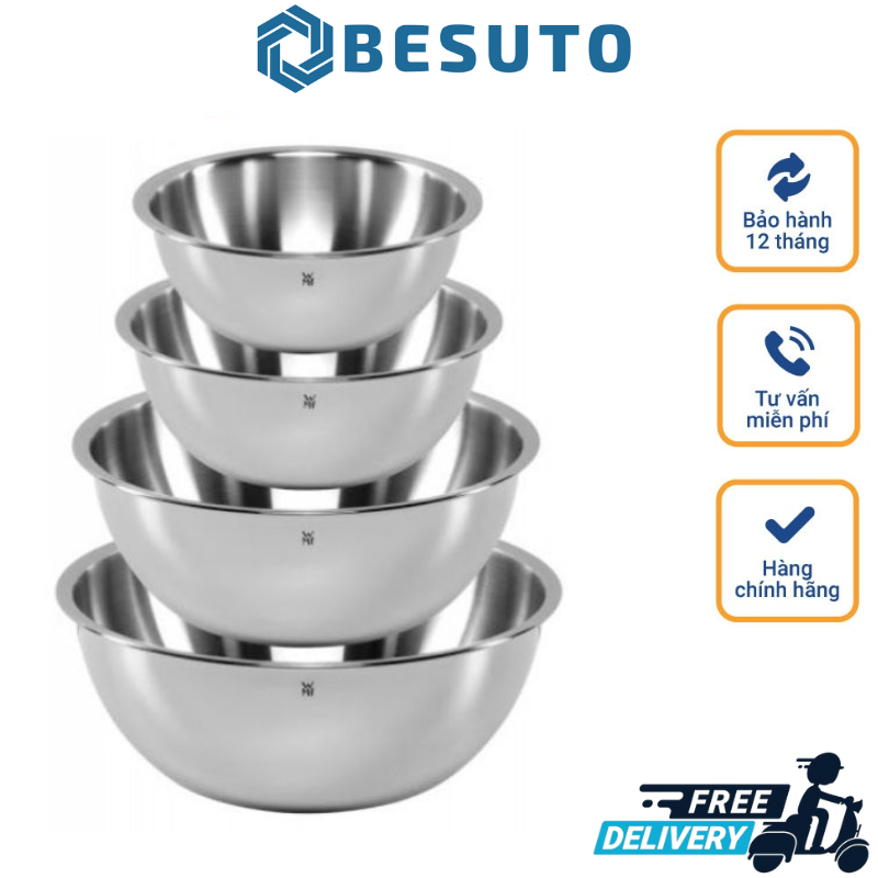 Bộ âu trộn wmf gourmet 4 món, chất liệu thép không gỉ, thau trộn bột inox, gồm 4 tô kích thước 16/18/22/24cm, có thể đun trực tiếp và đặt trong lò nướng, nhập đức
