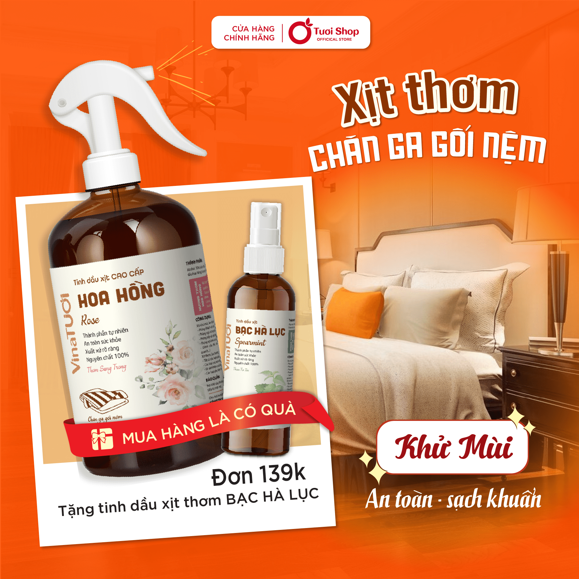 Xịt Thơm Chăn Ga Gối Đệm VINA TƯƠI SHOP 100ml/300ml/500ml Khử Mùi Hiệu Quả Giấc Ngủ Thơm Tho