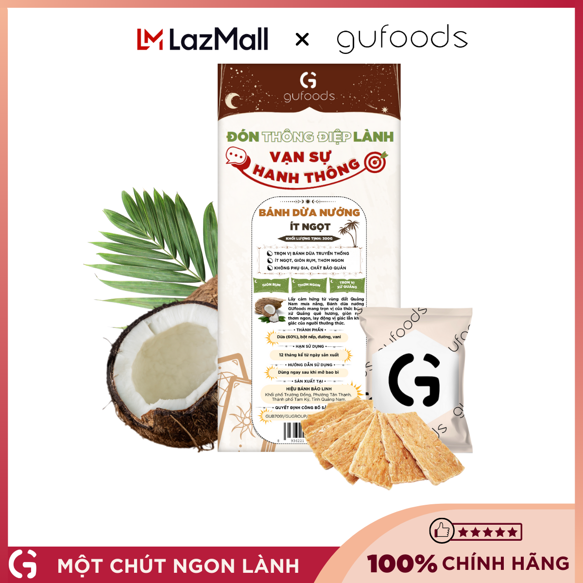 Bánh dừa nướng GUfoods (Hộp 300g) - Giòn rụm, Thơm ngon, Đậm vị bánh dừa xứ Quảng