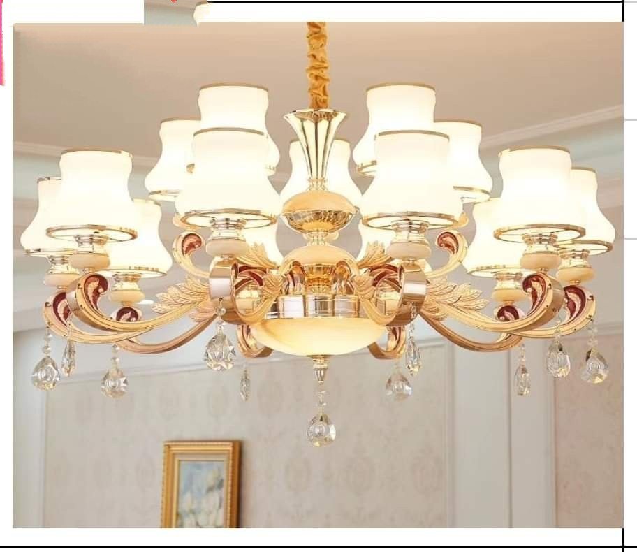 Đèn Chùm 15 Tay Đèn KIMILOG Đá  Đúc Đặc Phù Hợp Trang Trí Phòng Khách, Nhà Hàng, Khách Sạn, quán Cafe, karaoke, shop thời trang [ Tặng Kèm 8 Bóng LED][ Hàng chuẩn loại I vàng Pháp 24k]